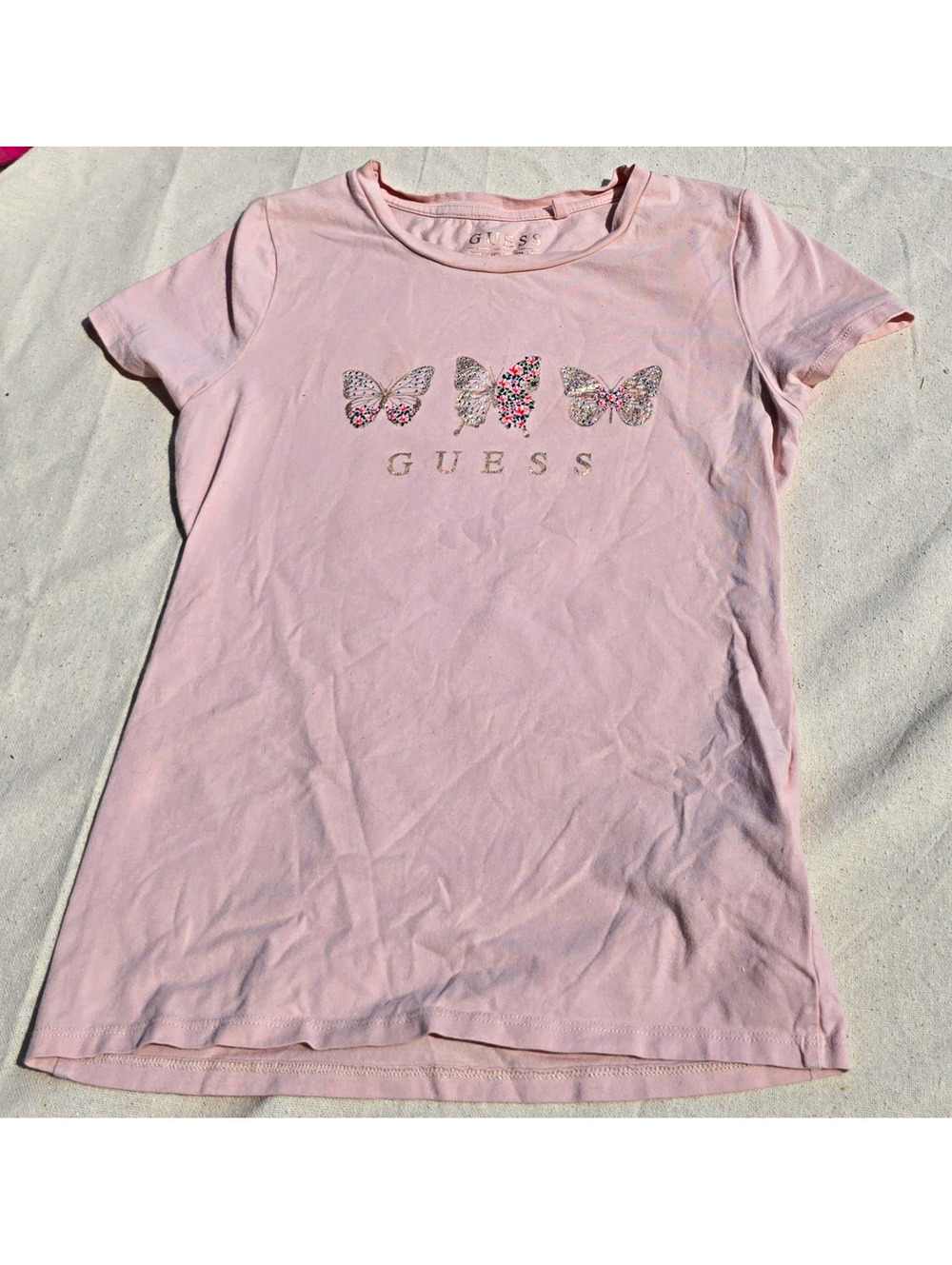 GUESS Women’s Pink Butterfly Graphic Rhinestone Shirt